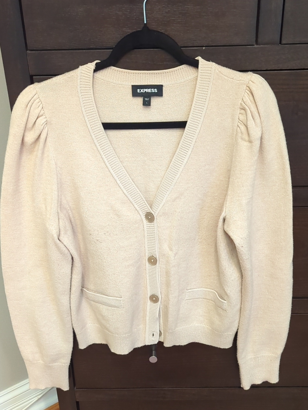Express Cream V-Neck Button Front Puff Shoulder Cardigan